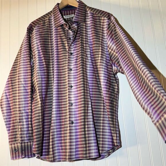 Tommy Bahama Long Sleeve Button-Up Shirt Size XL Purple Plaid Cotton Silk Blend - Picture 2 of 9